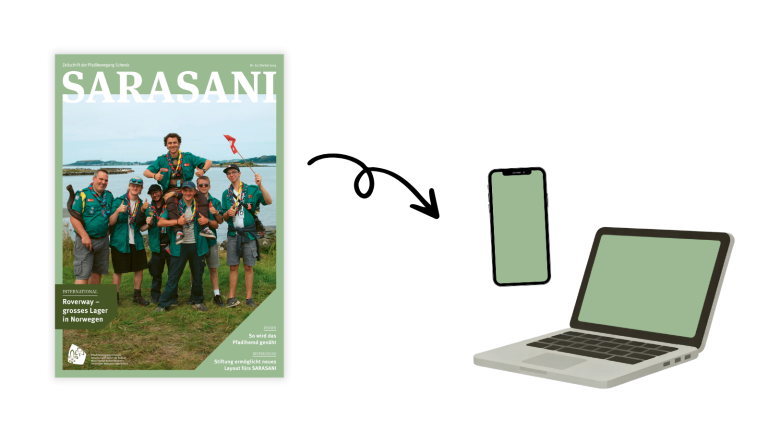 Referenzprojekt SARASANI – Titelseite des Pfadi-Magazins neben Smartphone und Laptop als Mockup für die digitale Version
